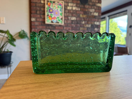 Vintage Murano Glass Green Scalloped Vase